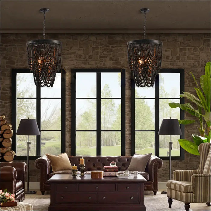 Bohemian Style Wooden Bead Chandelier In Living Room -