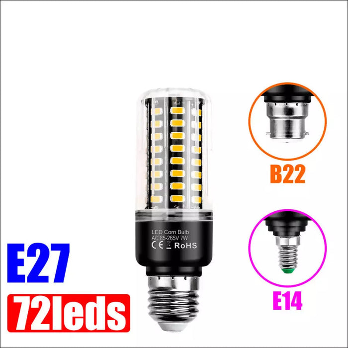 E27 Corn Light LED Bulb - 7W 72beads / E14 pure white -
